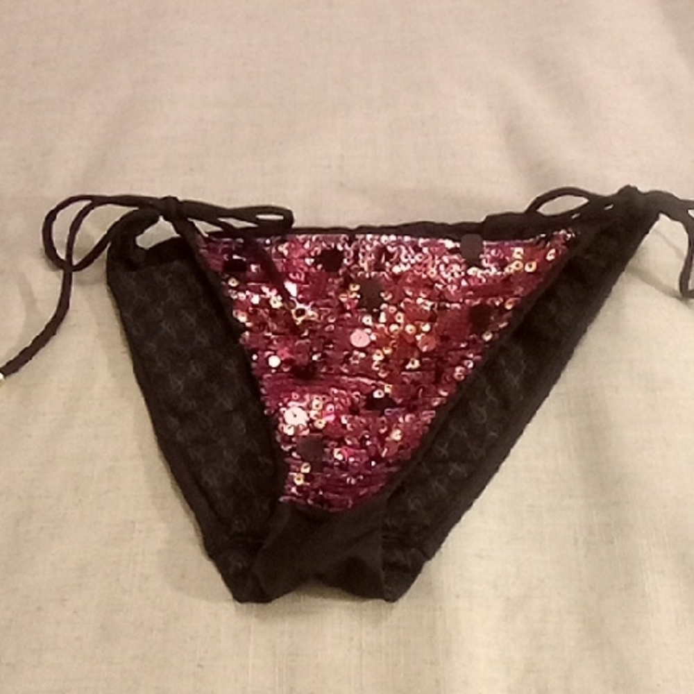 VTG. 2012 Victoria Secret Pink Black Multi Color Sequin Bikini Bottom  Side Ties